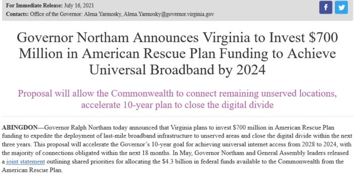 弗吉尼亚州投资7亿美元到2024年将宽带扩大到州内每个人
